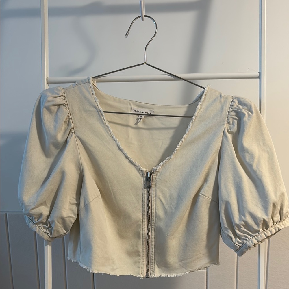 Cream Puff Sleeve Zip-Up Top